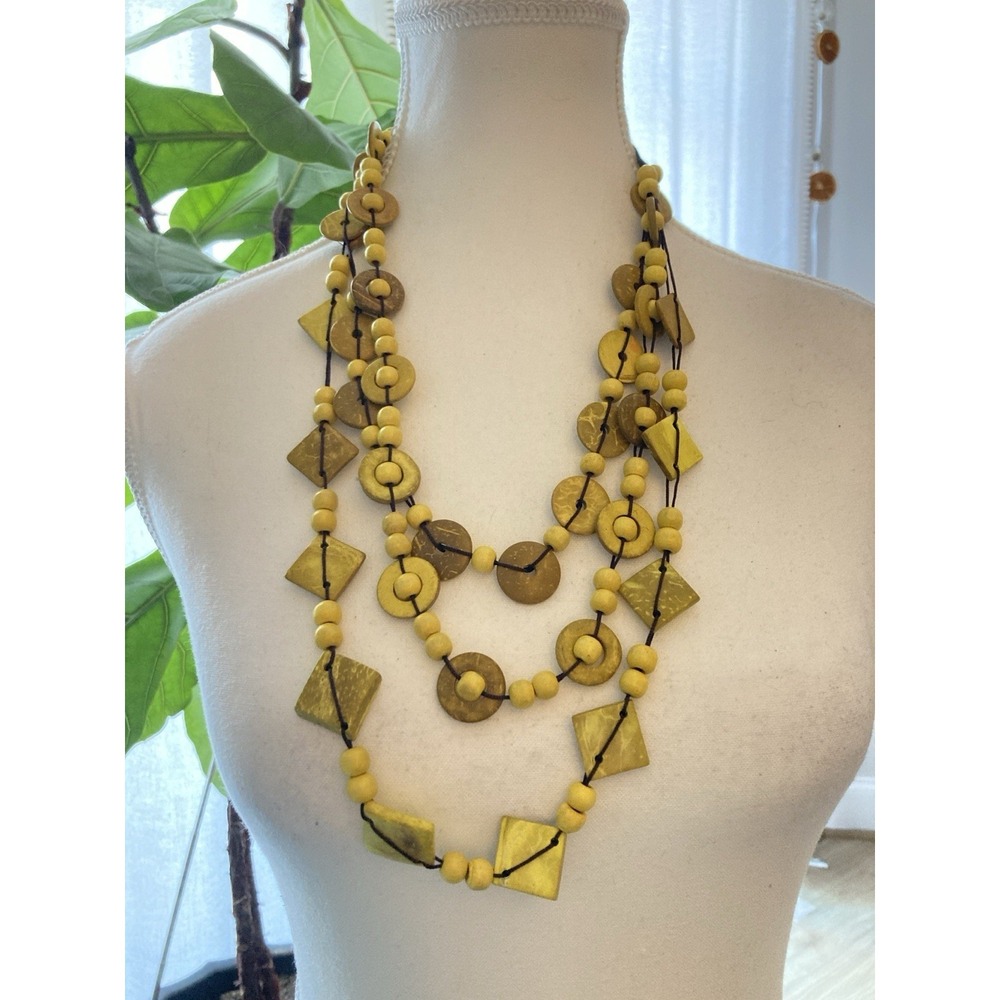 Artisan Multi Strand Wooden Bead Necklace Yellow Brown Geometric Tribal